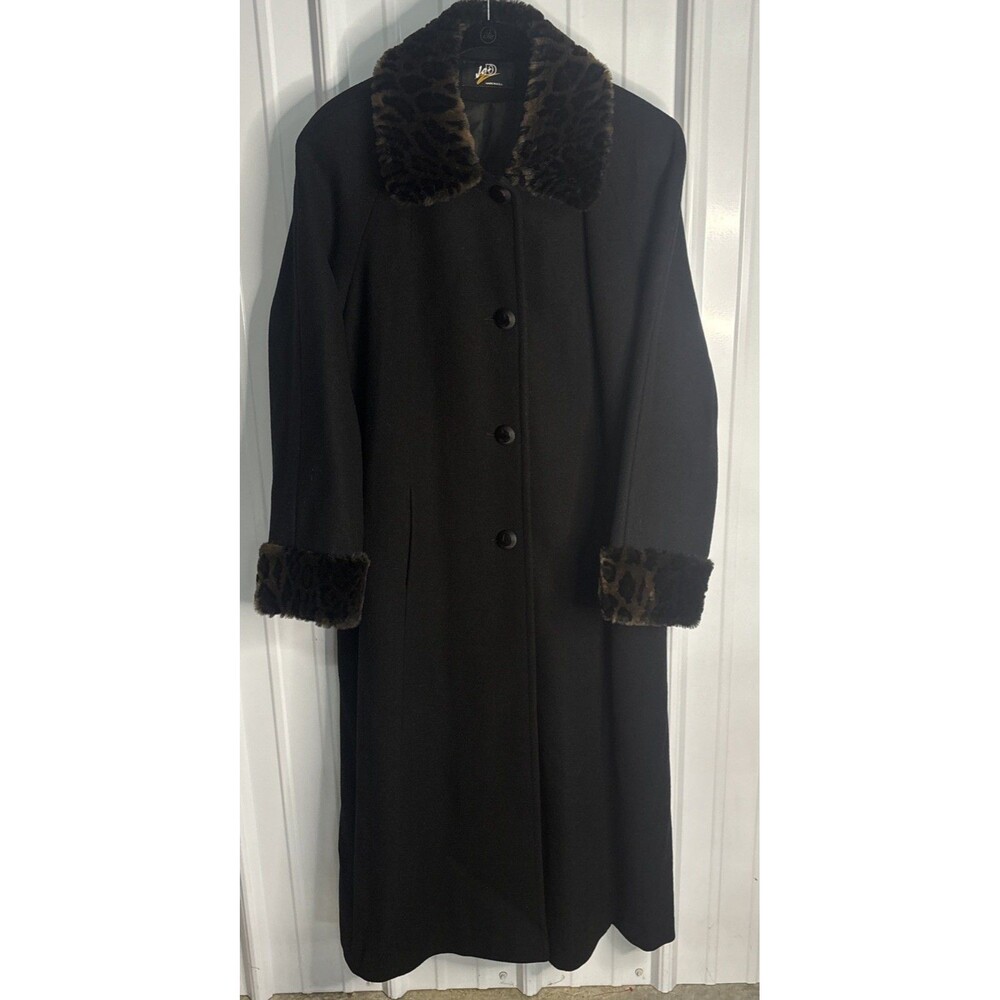 Vintage Jo-D Ladies Long 100% Wool Faux Fur Trim Coat-see Measurements